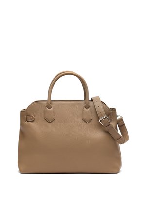 Light brown leather handbag with two rounded handles and an adjustable shoulder strap with silver buckle on a white background.