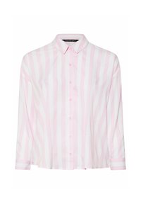 Skjorta med knäppning framtill i ljusrosa och vita vertikala ränder, med krage, långa ärmar och rosa knappar framtill.