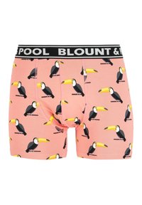 Rosa Boxershorts mit einem sich wiederholenden Muster von Tukanen auf Zweigen. Schwarzer elastischer Taillengummi mit weißem "POOL BLOUNT &"-Text. Aus Baumwolle.