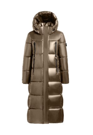 Bronzefarbene puffige Jacke mit Kapuze, mit gesteppten Abschnitten, schwarzen Reißverschlusstaschen und einer glatten, glänzenden Textur. Langes, gerades Design.