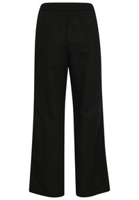 Pantalons larges noirs en tissu doux. Dotés d'une taille élastique et de deux poches arrière. Design minimaliste sans motifs visibles.