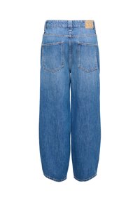 Jeans med vida ben i mellangrönblått, med hög midja, två bakfickor och en texturerad etikett på bakre midjebandet.
