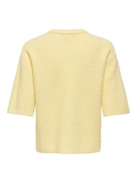Pull en maille jaune doux à manches courtes et ourlet droit, montré de dos sur fond blanc.