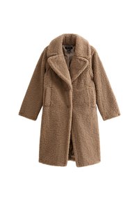Brun fluffig kappa med en bred krage, två framfickor och en texturerad polyesterduk; knappstängning; mittlång design.
