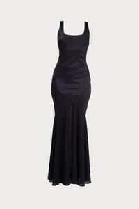 Black satin evening dress with a square neckline, form-fitting bodice, and flared skirt. Features ruched detailing and sheer fabric at the hem.
