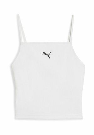 Witte geribbelde crop top met dunne bandjes, met een klein zwart Puma-logo aan de voorkant in het midden. Glad materiaal, aansluitend ontwerp.