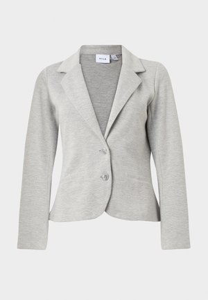 Veste pour femmes gris clair avec revers crantés, deux boutons, manches longues et deux poches avant, fabriquée en tissu texturé.