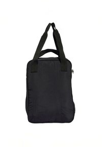 Black nylon tote bag with two sturdy handles, rectangular shape, featuring a subtle logo embossed on one side. Zipper closure.