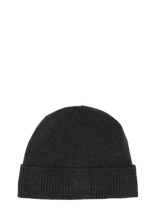 Black ribbed knit beanie with folded cuff and small subtle embroidered logo on front center.