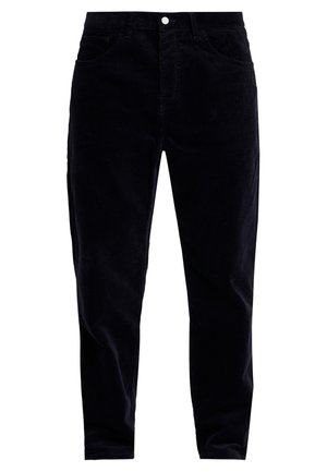 Black corduroy pants with a straight leg design, featuring two front pockets, a single back pocket, and a button closure at the waist.