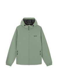 Lys grøn zip-up jakke med hætte, udstyret med to sidelommer, elastiske manchetter og et logo på brystet. Glat stof med en let glans.