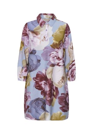 Hemdblumenkleid aus hellblauem Stoff mit Blumenmustern in Lila, Gelb und Weiß. Verfügt über einen Kragen und lange, gepuffte Ärmel.