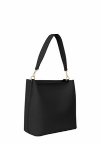 Sac à main en matériau noir lisse avec un design structuré, doté d'une large bandoulière et de détails en métal doré pour la fermeture.