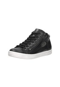 Zwarte leren hoge sneakers met zwarte veters, een zijrits en een witte gestructureerde rubberen zool.