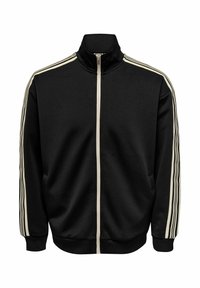 Schwarze Sportjacke mit hohem Kragen, Frontreißverschluss, cremefarbenen Streifen an den Ärmeln und gerippten Bündchen am unteren Ende.