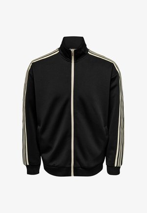 Black athletic jacket with a high collar, front zipper, cream-striped accents along the sleeves, and ribbed cuffs at the bottom.