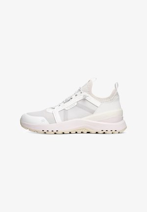 White athletic shoe with a mesh upper, padded collar, flexible sole, and textured accents. Features a lightweight design for comfort.