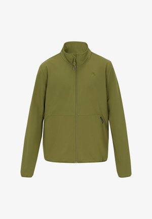 Oliwkowa kurtka z wysokim kołnierzem, zamek z przodu i dwoma kieszeniami. Wykonana z gładkiego, lekkiego materiału. Posiada logo na klatce piersiowej.