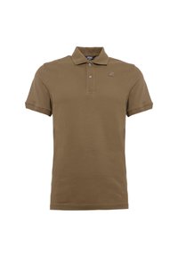 Polo shirt in cotone marrone a maniche corte, con patta a tre bottoni e un piccolo logo sul lato sinistro del petto. Texture liscia, vestibilità classica.
