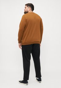 Bruine sweatshirt met een ontspannen fit, ribgebreide manchetten en neklijn, gecombineerd met zwarte broek en zwarte sneakers, gezien vanuit de achterkant.