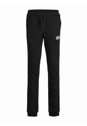 Pantalones de chándal negros hechos de un material suave, con una cinturilla elástica y cordón, piernas entalladas y un logo blanco en el muslo izquierdo.