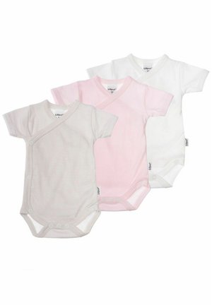 Three short-sleeved bodysuits in soft cotton: one striped gray, one solid pink, and one solid white. Each features a V-neck and snap closures.