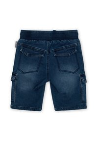 Shorts in denim con lavaggio scuro, dotati di una vita a coste, due tasche posteriori e tasche cargo laterali. Texture liscia con dettagli cuciti.