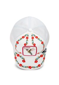 Gorra blanca con espalda de malla. Presenta un bordado floral colorido y un parche con un colibrí y el texto "SUCKER".