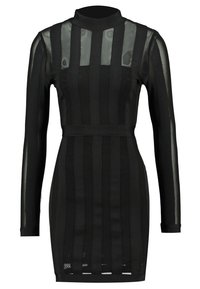Mustapituinen pitkähihainen mekko, jossa on läpinäkyviä pystysuoria raitoina ja vartalonmyötäinen siluetti. Materiaali näyttää sileältä, korkeakauluksiselta ja vyötäröllä on vyöyksityiskohta.