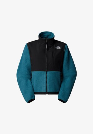 Fleecejack met een teal lichaam en zwarte schouderpaneel, ritssluiting en hoge kraag; inclusief een voorzak en elastische manchetten.