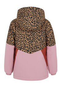 Leopardenmuster Kapuzenjacke mit rosa und rostfarbenen Einsätzen; verfügt über elastische Bündchen und ein strukturiertes Material. Die Rückansicht hebt das Design mit Farbblockierung hervor.