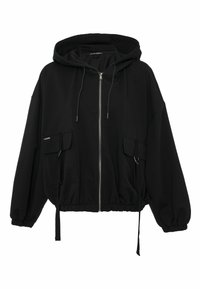 Zwarte hoodie met rits en oversized silhouet, verstelbare capuchon met trekkoord, twee voorzakken en elastische zoom en mouwen. Zacht materiaal.