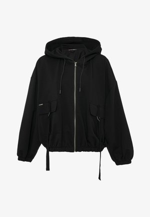 Sweat à capuche zippé noir à silhouette surdimensionnée, capuche à cordon réglable, deux poches avant, et ourlet et poignets élastiqués. Matière douce.