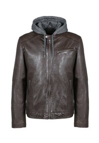 Bruine leren jas met een grijze sweater-stijl capuchon, ritssluiting aan de voorkant, zijzakken en een borstzak met rits. Glad van structuur.
