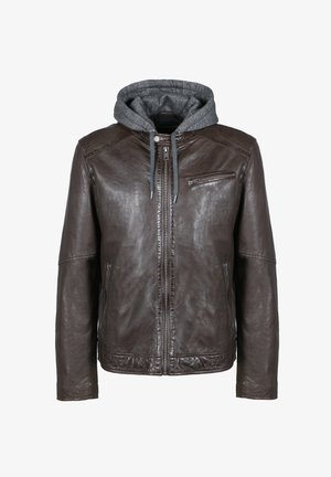 Brązowa skórzana kurtka z szarym kapturem w stylu bluzy, z zapięciem na zamek z przodu, kieszeniami bocznymi oraz kieszenią na piersi z zamkiem błyskawicznym. Gładka faktura.