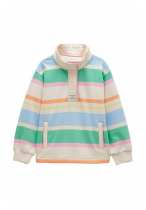 Trui met lange mouwen, hoge kraag, halve knoopsluiting, kangoeroezakken en horizontale pastelkleurige strepen in groen, blauw, roze, geel, oranje en crème.