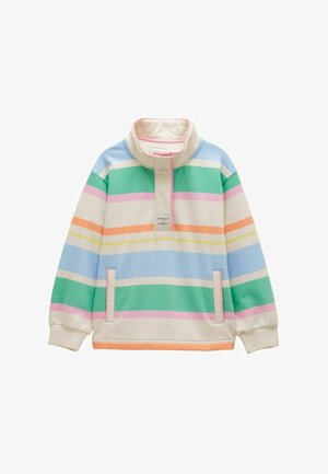 Pulover cu mâneci lungi și guler înalt, cu fante cu nasturi pe jumătate, buzunare tip cangur și dungi orizontale pastelate în verde, albastru, roz, galben, portocaliu și crem.