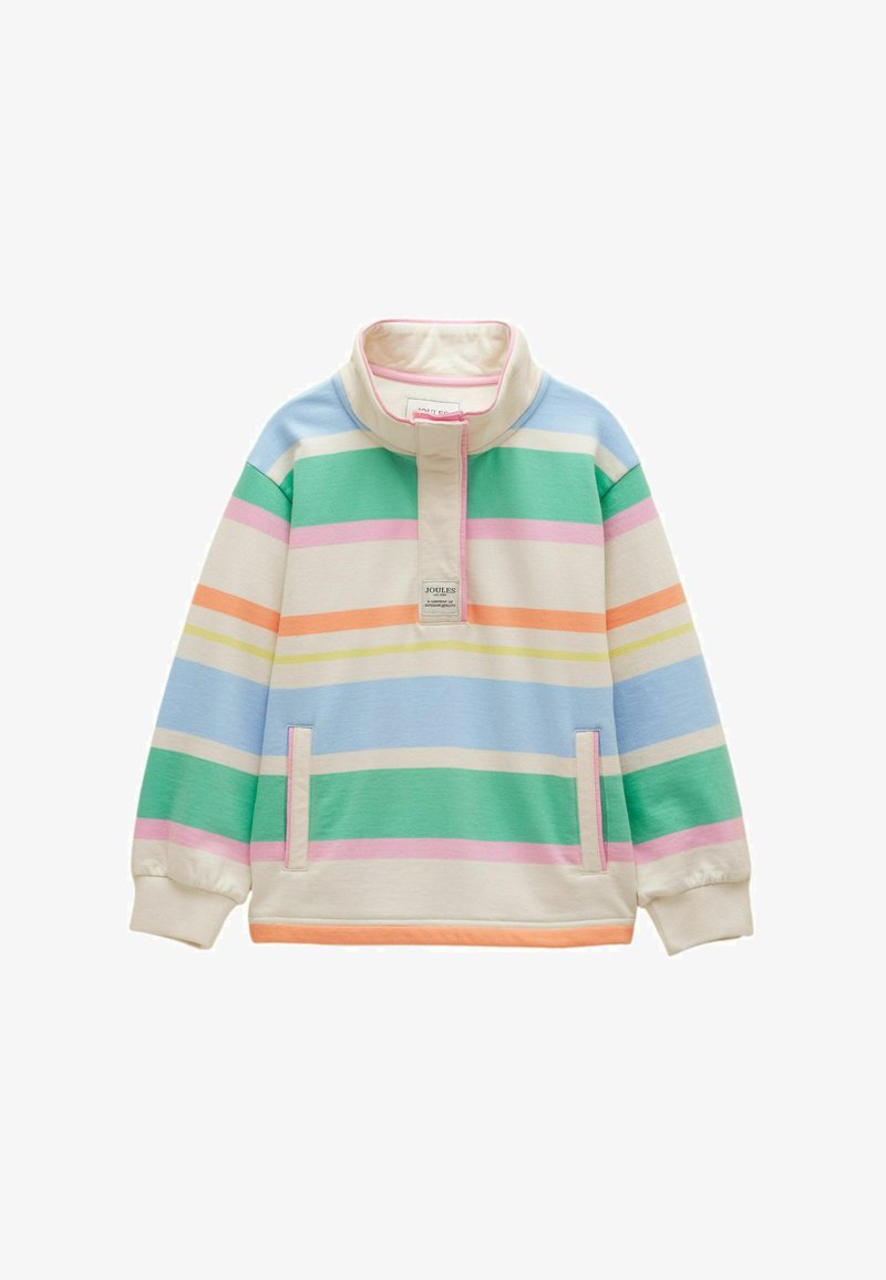 Pull-over à manches longues avec col haut, patte de boutonnage à moitié ouverte, poches kangourou, et rayures pastel horizontales en vert, bleu, rose, jaune, orange et crème.