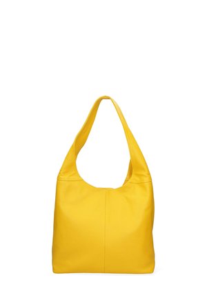 Borsa hobo gialla in pelle con manico superiore arrotondato, texture liscia e ampia tasca principale. Design minimalista, senza accessori aggiuntivi.