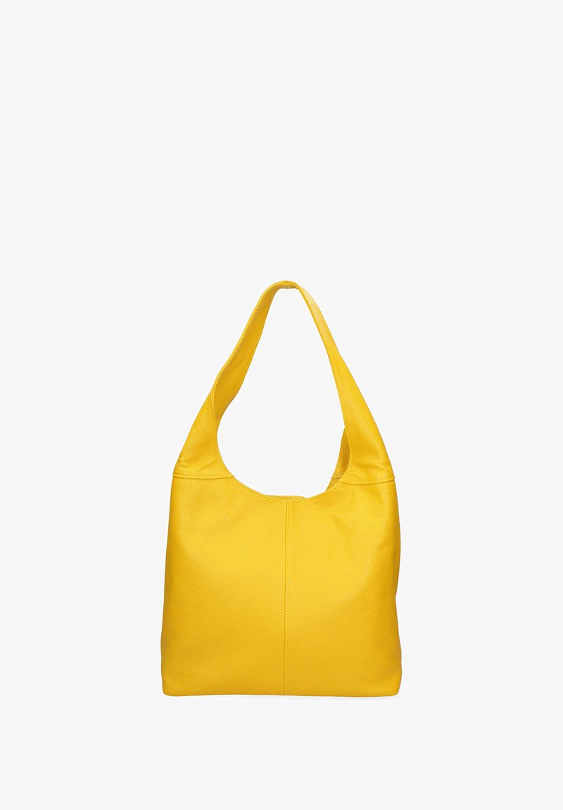 Borsa hobo gialla in pelle con manico superiore arrotondato, texture liscia e ampia tasca principale. Design minimalista, senza accessori aggiuntivi.