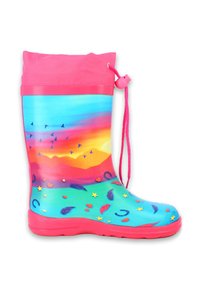 Kleurige rubberen laars met een gemengd verloop van blauw, oranje en roze. Beschikt over verschillende speelse patronen, waaronder harten en veren.