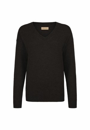 Brązowy sweter w serek wykonany z miękkiej dzianiny, z długimi rękawami i ściągaczami. Prosty design bez wzorów i zdobień.