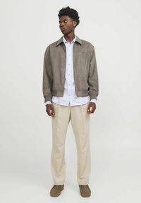 Jachetă bomber din daim, de culoare taupe, cu guler și manșete cu nervuri. Purtați peste o cămașă butonată de culoare albastru deschis, asortată cu pantaloni bej și pantofi maro.