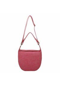 Borsa a spalla in tessuto rosa con cinturini regolabili, forma rotonda, superficie texturizzata e chiusura superiore con zip.