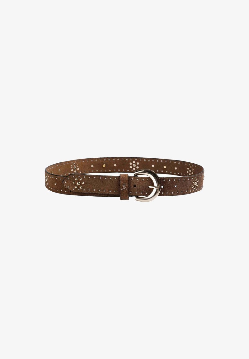 Brown suede belt with silver circular buckle, featuring small gold and silver studs along the edges, flat design, and a narrow shape.