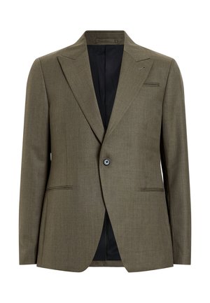 Olivgrüner Blazer aus einem strukturierten Stoff, mit einem einzelnen Knopfverschluss, zwei vorderen Taschen und einem schwarzen Innenfutter.