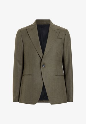 Olivengrøn blazer lavet af et struktureret stof, med en enkelt knaplukning, to forlommer og et sort inderskud.