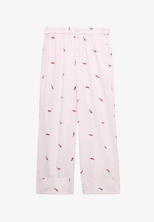 Pantalones de pierna ancha de color rosa claro con estampado de pimientos rojos, cintura elástica, bragueta con botones y bajos doblados, exhibidos sobre fondo blanco.