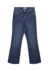 Jeans a zampa d'elefante in denim blu scuro. Caratterizzati da vita standard, tasche anteriori e orlo grezzo alle caviglie. Realizzati in materiale denim classico.