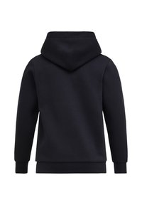 Felpa nera con cappuccio, realizzata in tessuto morbido, presenta un cappuccio, maniche lunghe e polsini e orlo a coste. Il retro è liscio senza ulteriori dettagli.